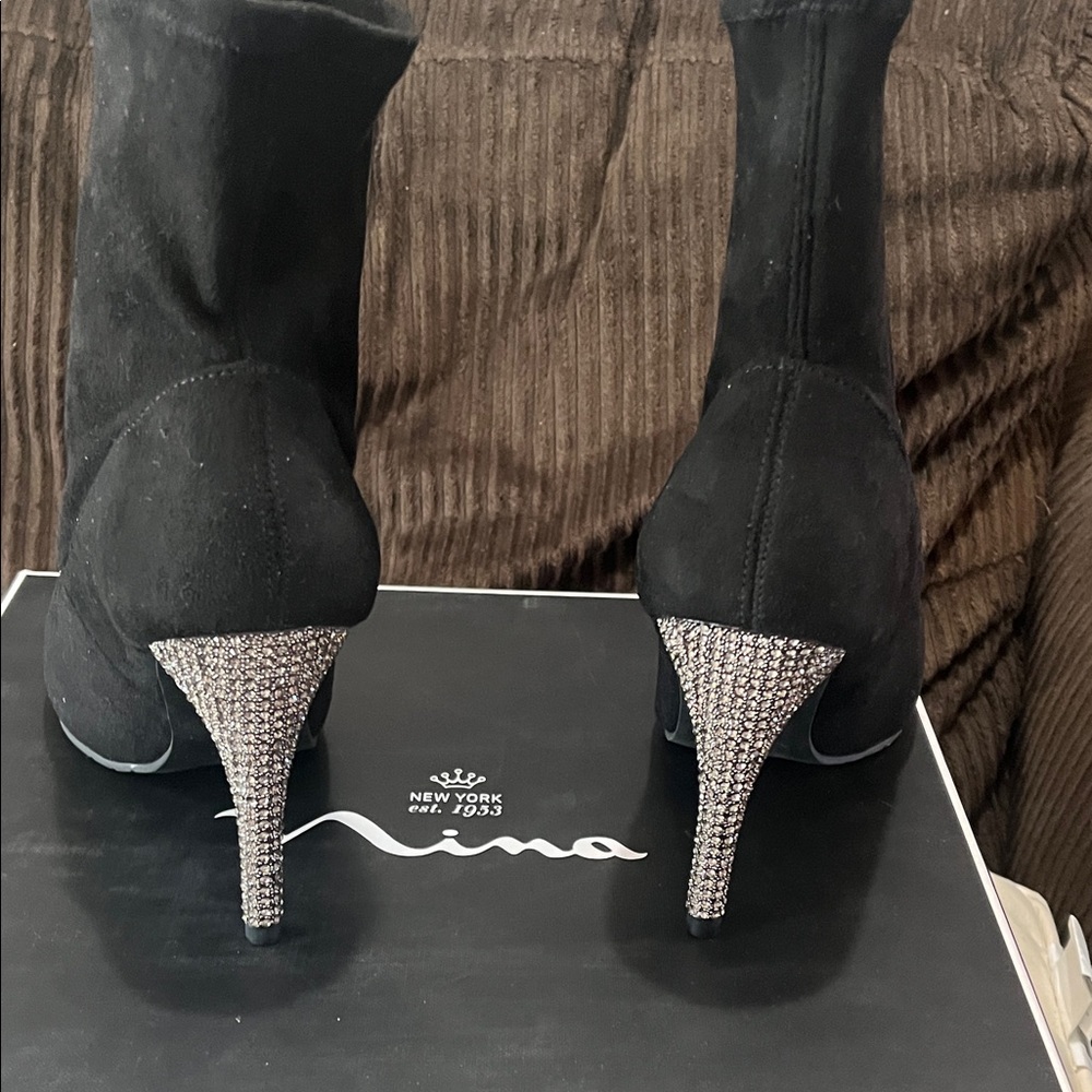 New!! Nina Black Heeled Boots with Sparkling Silver Accents
